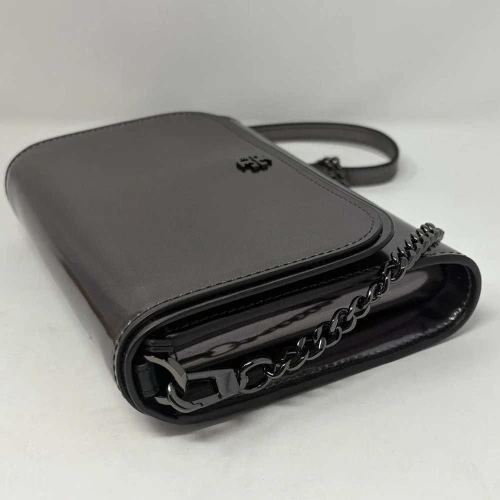 Tory Burch Emerson‎ Patent Chain Wallet Gunmetal Metallic Crossbody